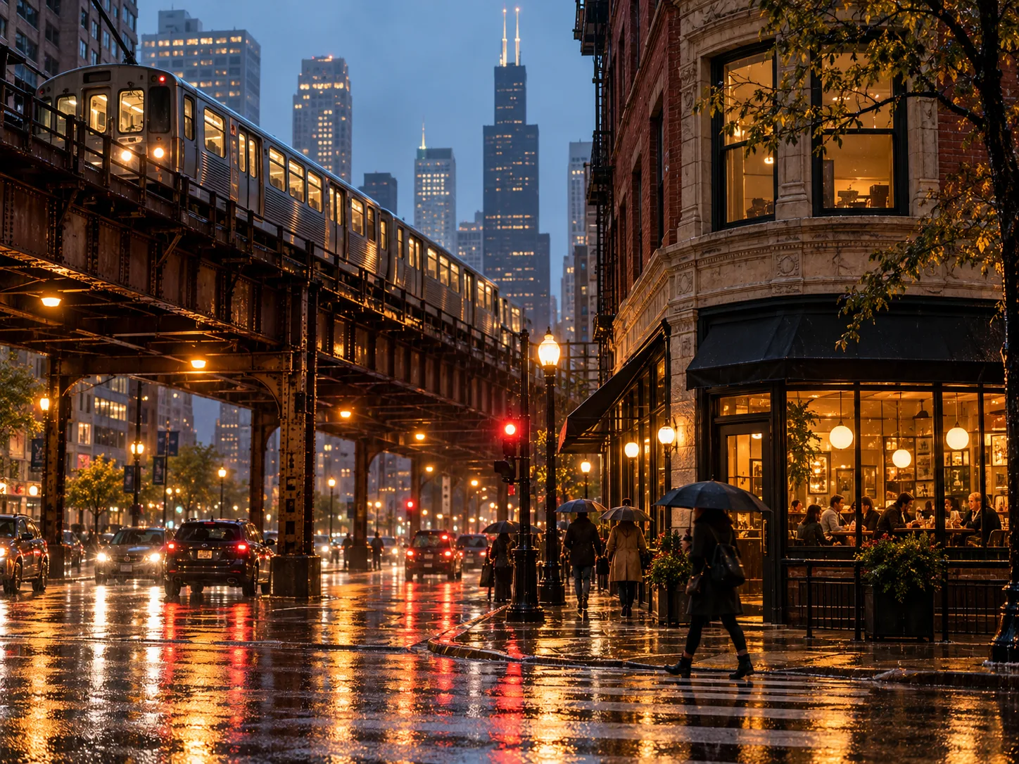 An L train crossing above a rain-slicked Chicago corner at dusk, a warmly lit storefront on the right